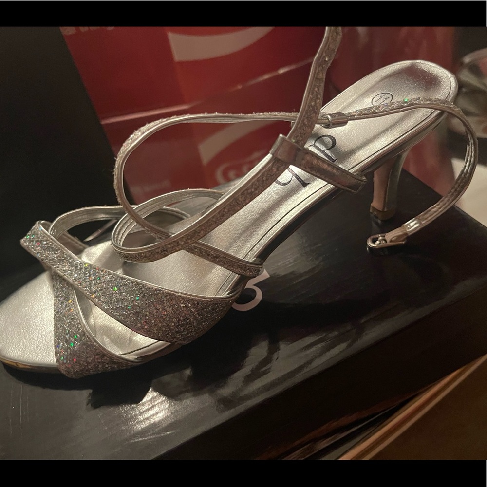 Silver/ Iridescent ankle wrap heel